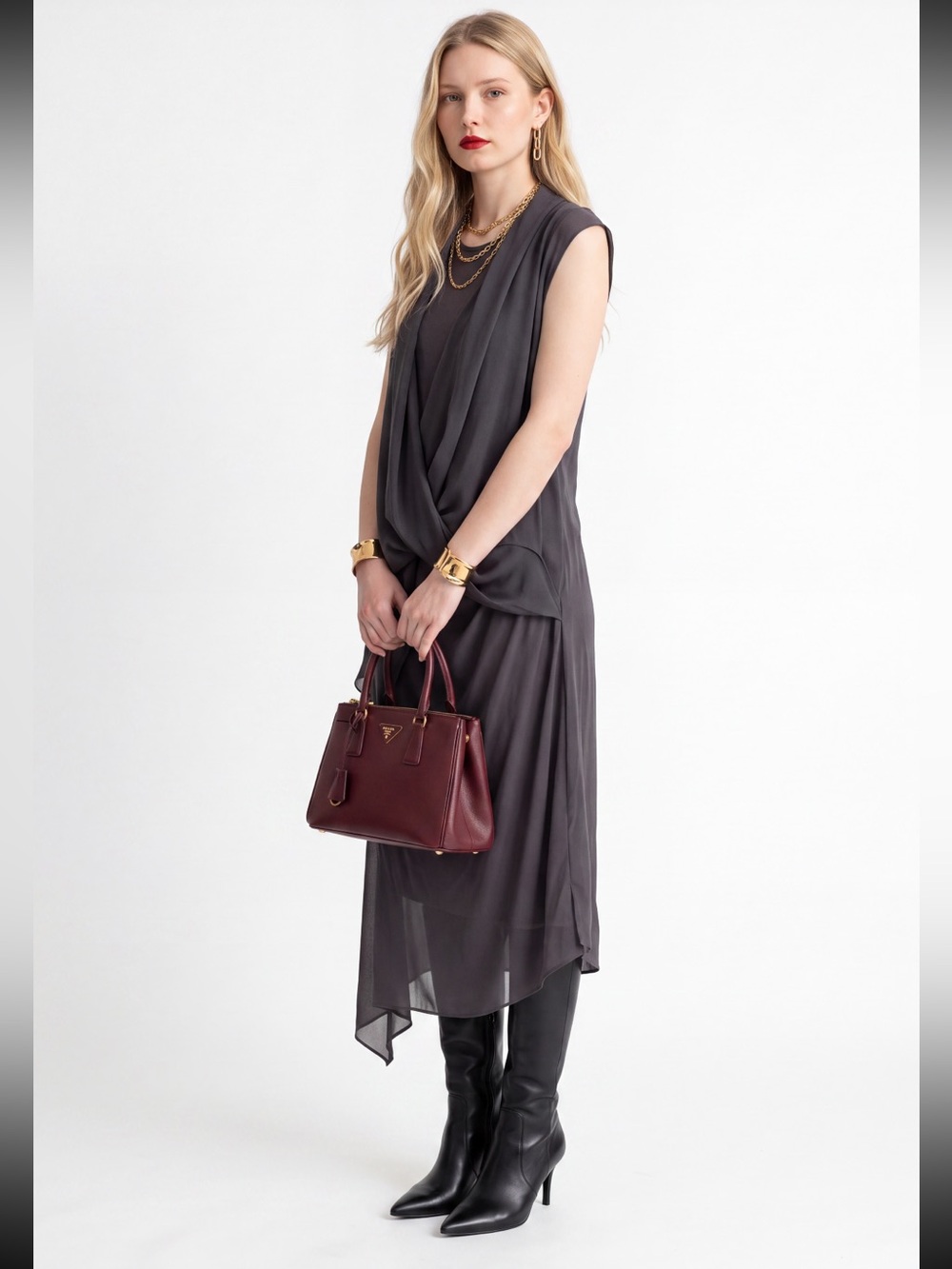 All Saints Black Draped dress Ruched Detailing  Asymmetrical Draped Midi Dress